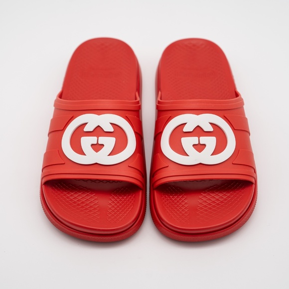 size 7G 7.5 US Gucci GG White Red Slides Sandals Interlocking Rubber - Picture 3 of 11